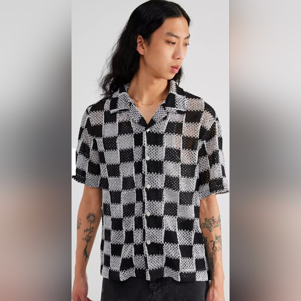 Urban Outfitters Checkerboard Lace Short Sleeve Shirt